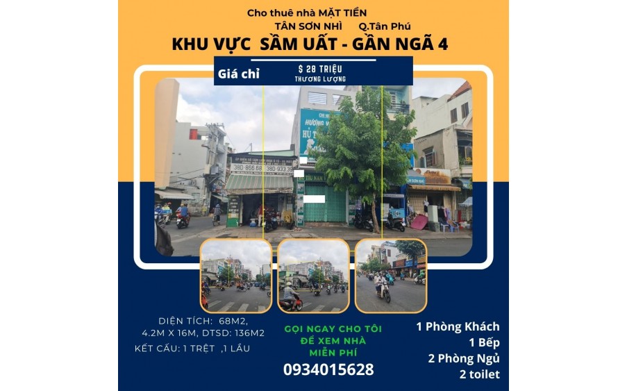 Cho thuê nhà Mặt Tiền Tân Sơn Nhì 68m2, 1Lầu, 28 triệu